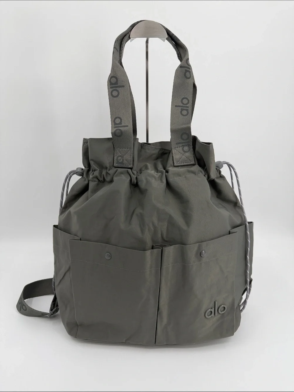 ALO Yoga Canvas Gray Drawstring Messenger Backpack Convertible Tote Bag